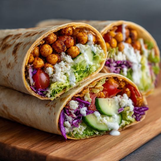 Spiced Chickpea & Feta Wrap with Veggies & Yogurt Sauce Recipe - Recipe Image