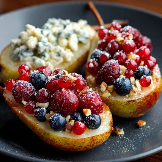 Honey-Baked Pears with Winter Berries & Gorgonzola Recipe