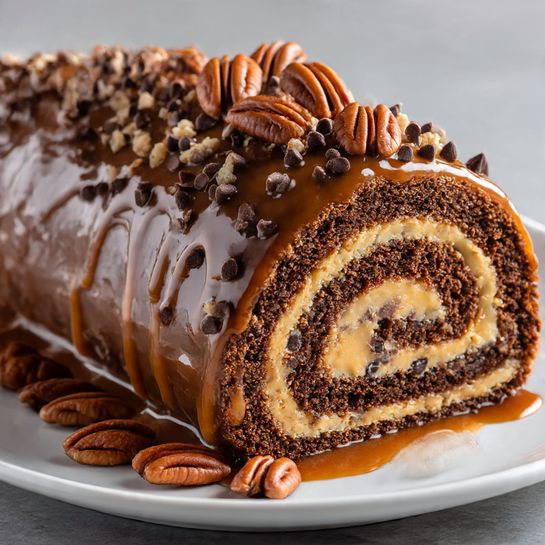 Chocolate Caramel Pecan Roll Cake Recipe