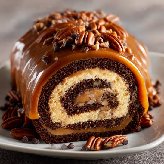 Caramel Pecan Chocolate Roll Cake Recipe