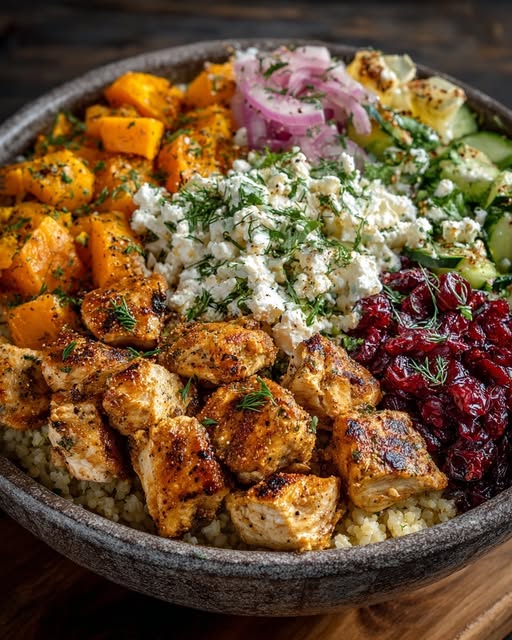 Greek Chicken Harvest Bowl with Cranberries & Feta Recipe