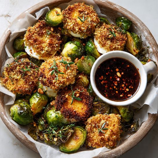 Hot Honey Brussels Sprouts with Crispy Goat Cheese Recipe - Recipe Image