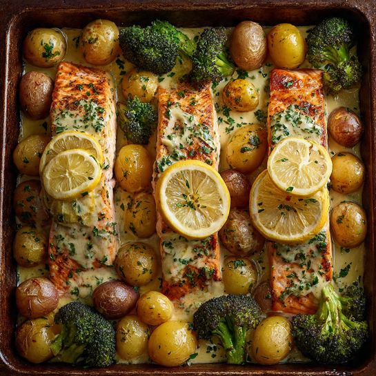 Lemon Butter Salmon with Crispy Potatoes and Broccoli Recipe