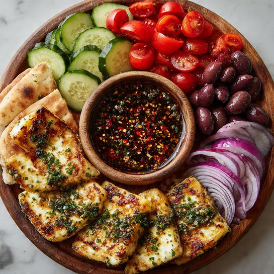 Greek Halloumi Mezze Platter with Chili Honey Drizzle Recipe - Recipe Image