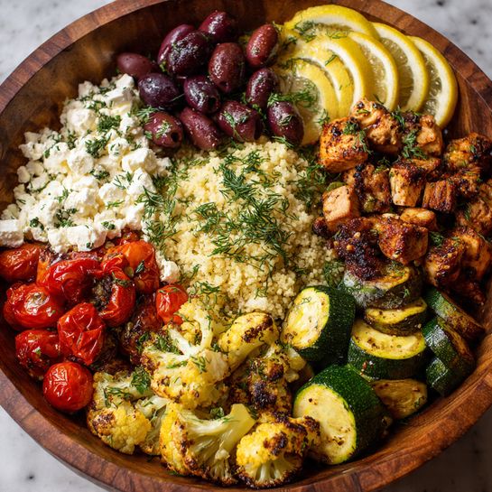 Honey Garlic Greek Chicken & Roasted Cauliflower Bowl Recipe - Recipe Image
