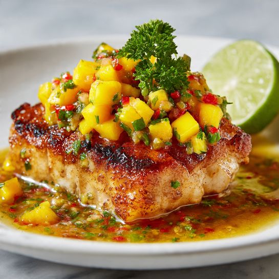 Coconut Lime Fish with Mango Salsa Recipe - Recipe Image