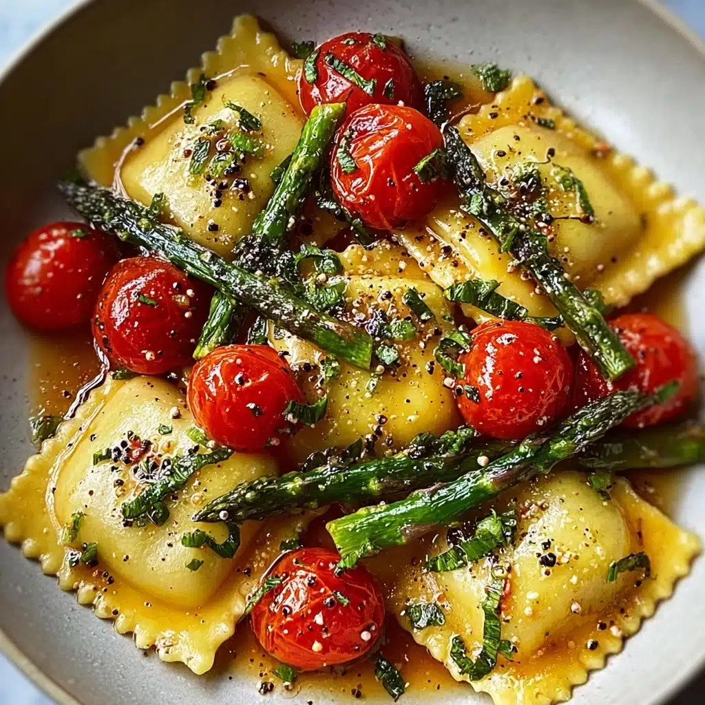 Ravioli with Tomatoes, Asparagus, Garlic, and Herbs Recipe