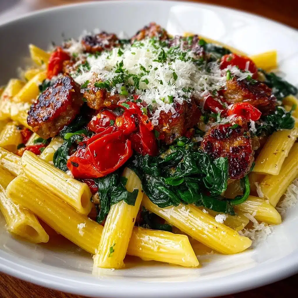 Creamy Garlic Butter Beef Penne with Sausage and Spinach Recipe - Recipe Image