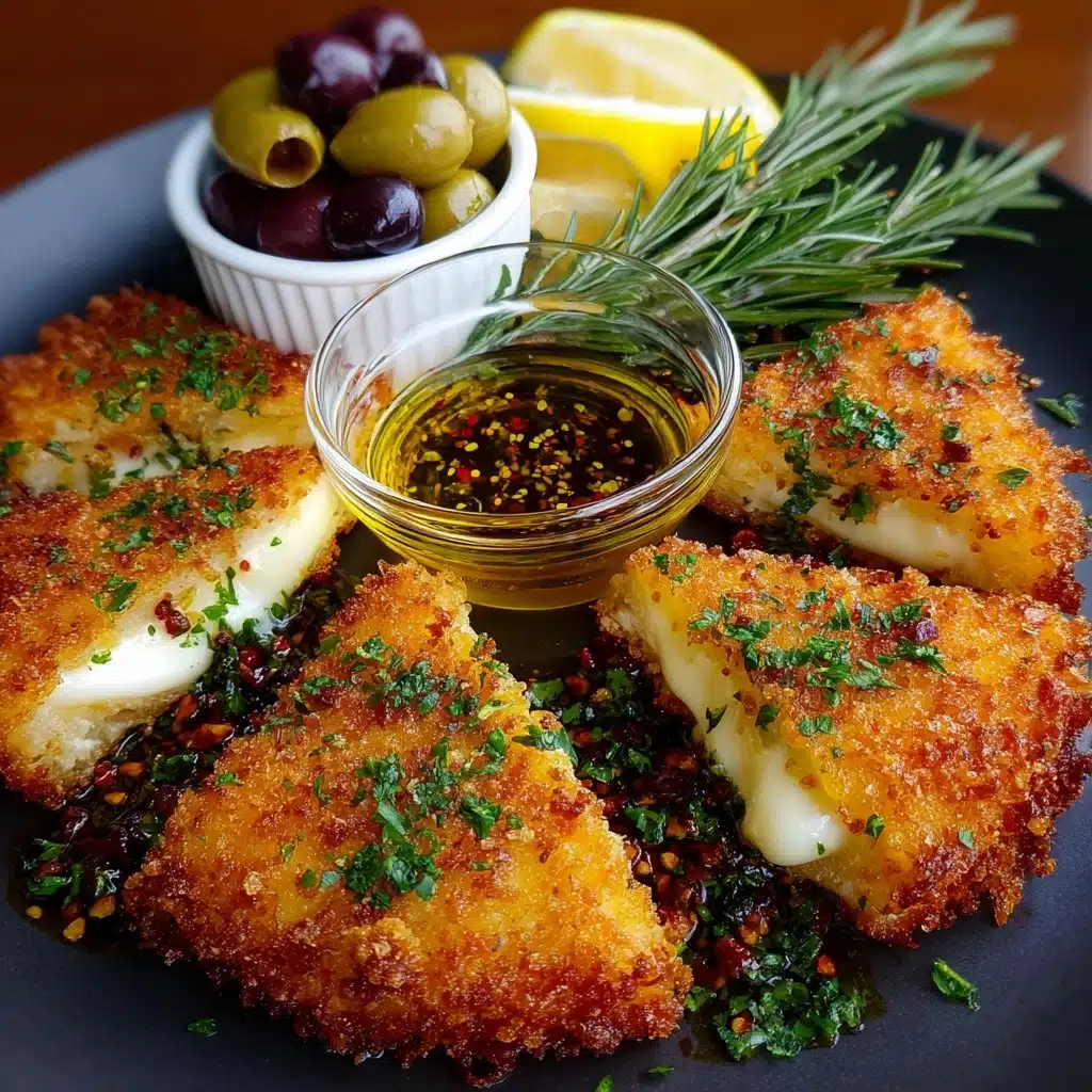 Crispy Fried Brie with Pepper Honey, Warm Lemon-Herb Olives Recipe - Recipe Image