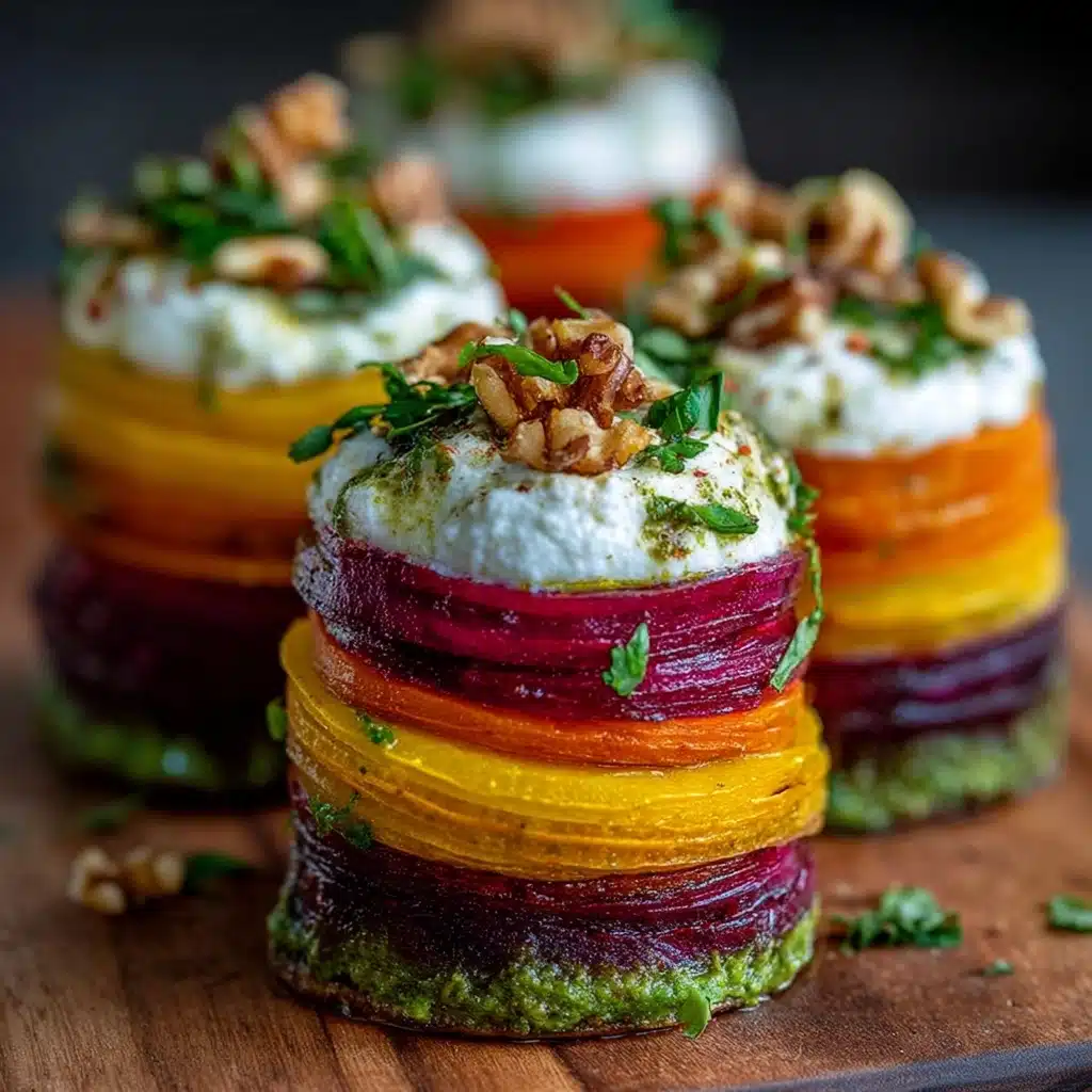Sweet Potato & Beet Stacks with Pesto, Burrata & Walnuts Recipe