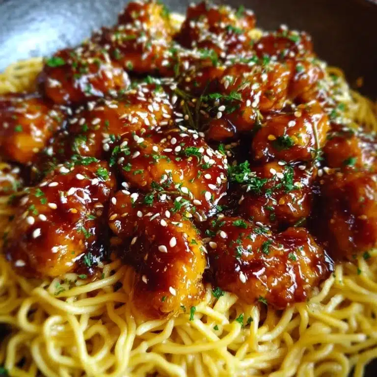 Sticky Honey Garlic Chicken Bites with Buttered Noodles Recipe