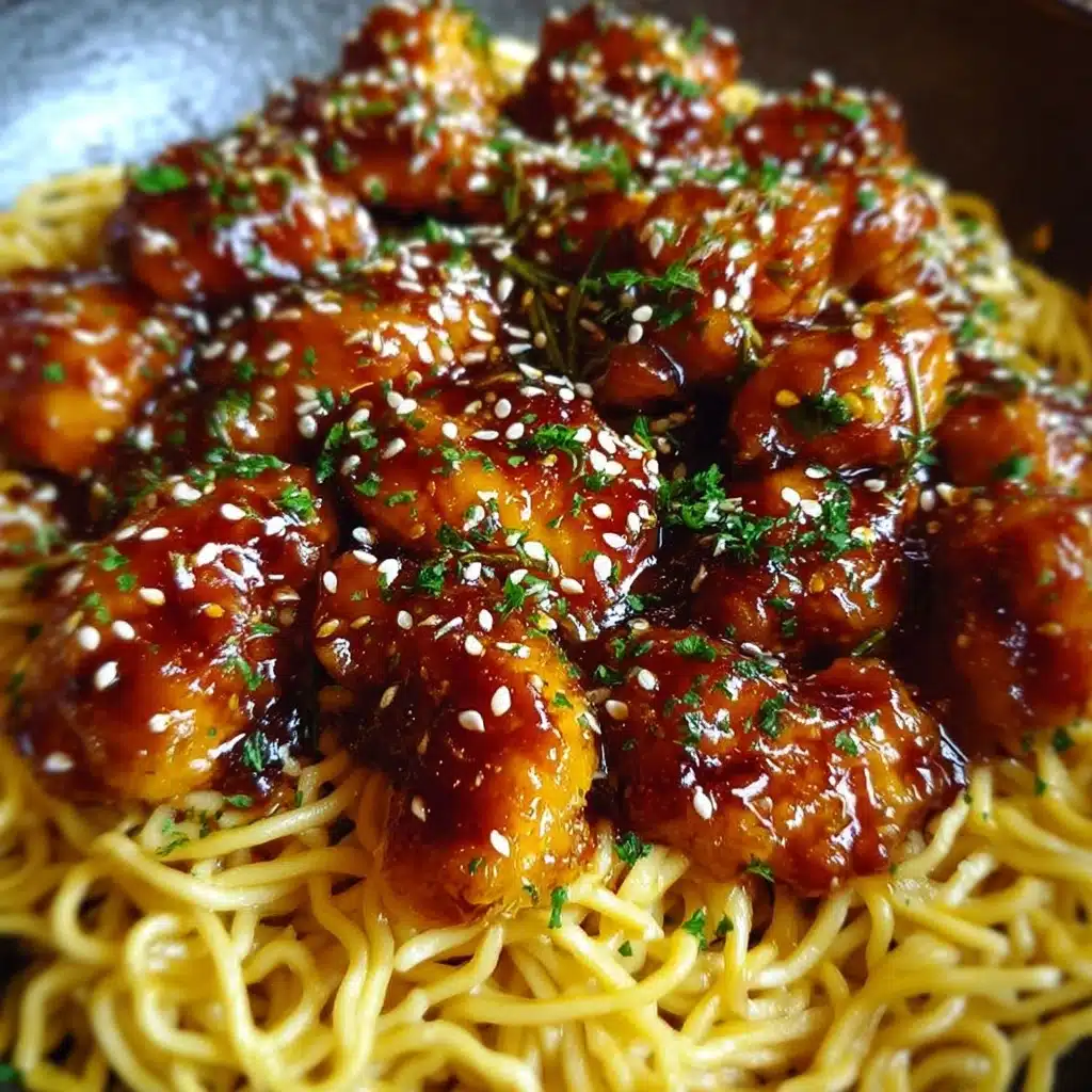 Sticky Honey Garlic Chicken Bites with Buttered Noodles Recipe - Recipe Image