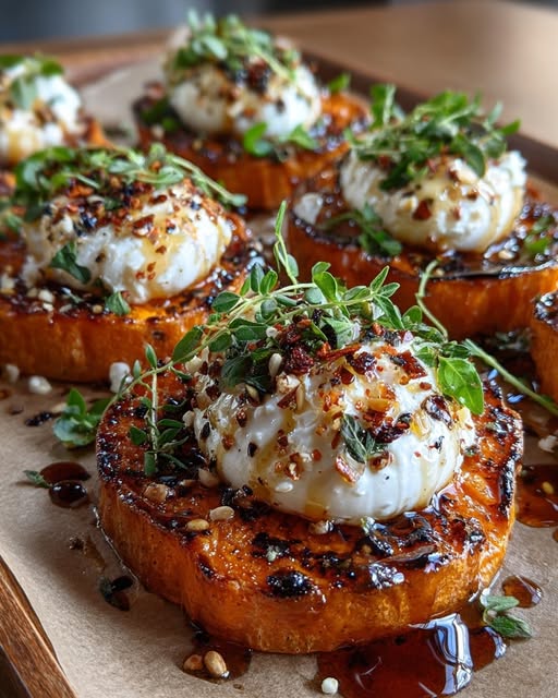 Sweet Potato Rounds with Burrata & Hot Honey Drizzle Recipe - Recipe Image