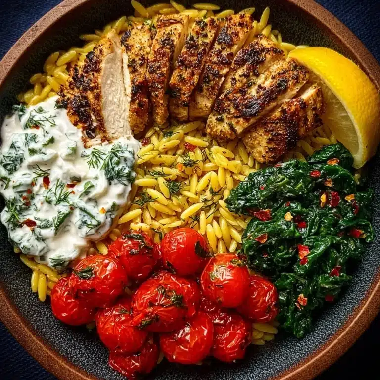 Lemon Dijon Chicken Orzo Bowl with Herb Feta Yogurt Sauce Recipe