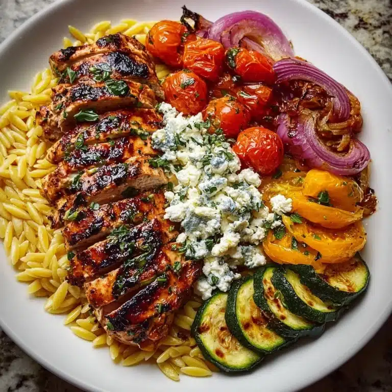 Balsamic Chicken Orzo with Roasted Veggies & Herb Feta Recipe