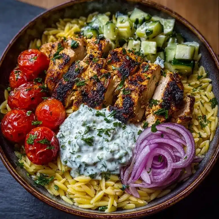 Lemon Dijon Chicken Orzo Bowl with Honey Feta Yogurt Sauce Recipe
