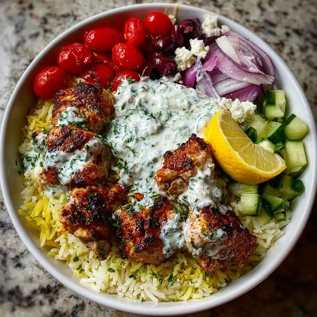 Greek Chicken Souvlaki Bowls with Lemon Feta Sauce Recipe