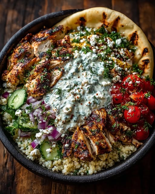 Mediterranean Chicken Pita Bowl with Spicy Feta Sauce Recipe