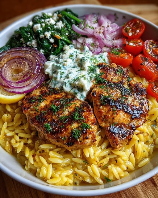 Lemon Dijon Chicken Orzo Bowl with Dill Feta Yogurt Sauce Recipe