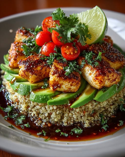 Honey Lime Chicken & Avocado Spicy Quinoa Stack Recipe
