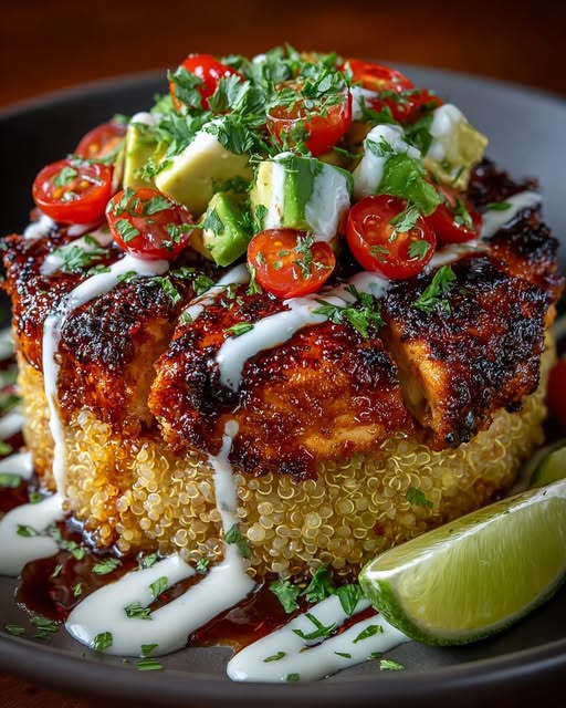 Honey Lime Chicken & Avocado Quinoa Stack with Yogurt Sauce Recipe - Recipe Image