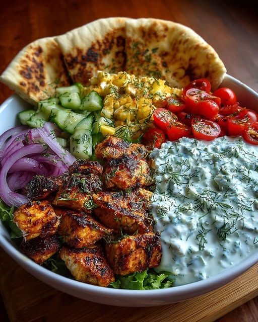 Mediterranean Chicken Pita Bowl with Dill Feta Sauce Recipe - Recipe Image