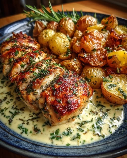 Creamy Herb Chicken & Roasted Garlic Potatoes Recipe - Recipe Image