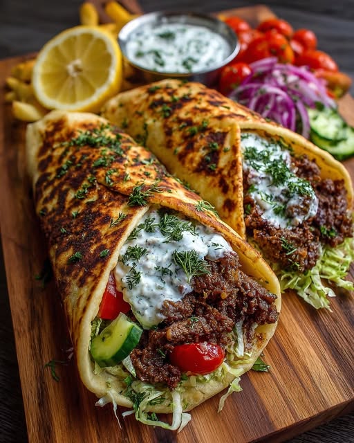 Greek Beef Wraps with Creamy Feta Dill Sauce Recipe - Recipe Image