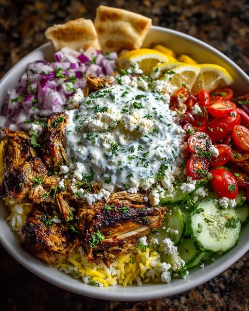 Greek Chicken Gyro Bowl with Chili Tzatziki Feta Recipe