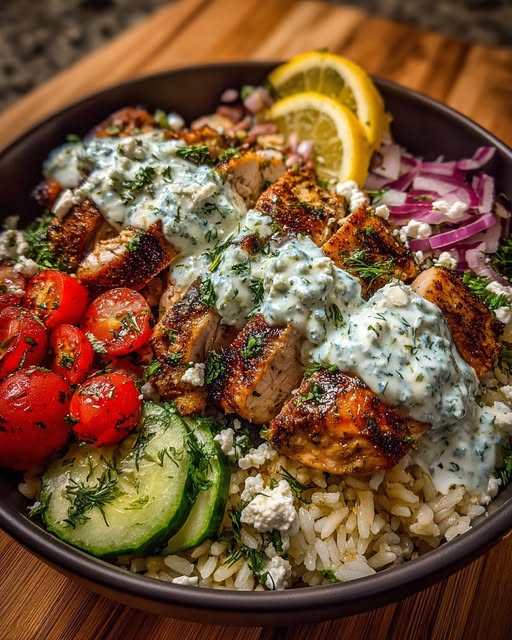 Greek Chicken Gyro Bowl with Minted Tzatziki Feta Recipe - Recipe Image