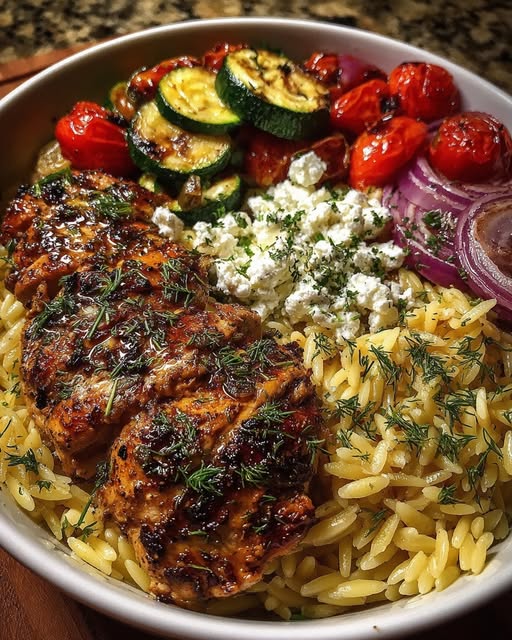 Balsamic Chicken Orzo with Roasted Veggies & Dill Feta Recipe - Recipe Image