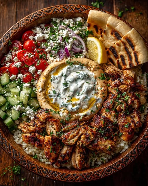 Mediterranean Chicken Pita Bowl with Honey Feta Sauce Recipe - Recipe Image