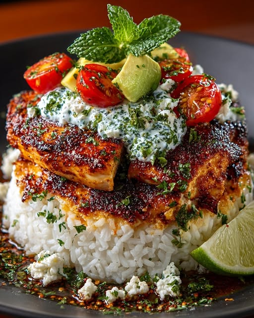 Honey Lime Chicken Rice Stack with Minted Feta Yogurt Recipe - Recipe Image