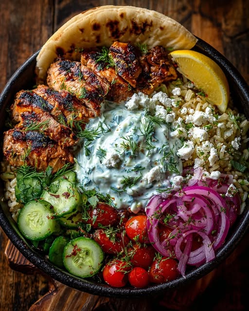 Greek Chicken Gyro Bowl with Spicy Tzatziki Feta Recipe
