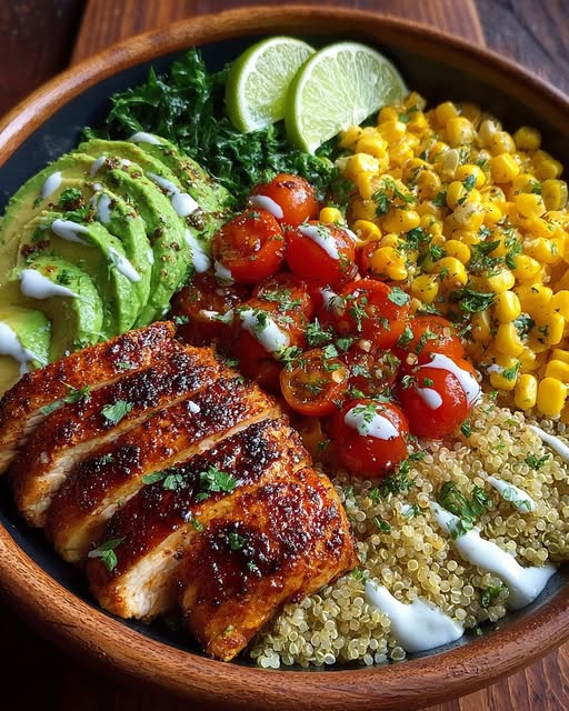 Honey Lime Chicken & Corn Avocado Quinoa Bowl Recipe - Recipe Image