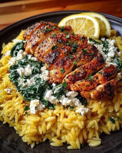 Divide orzo and spinach between plates Recipe