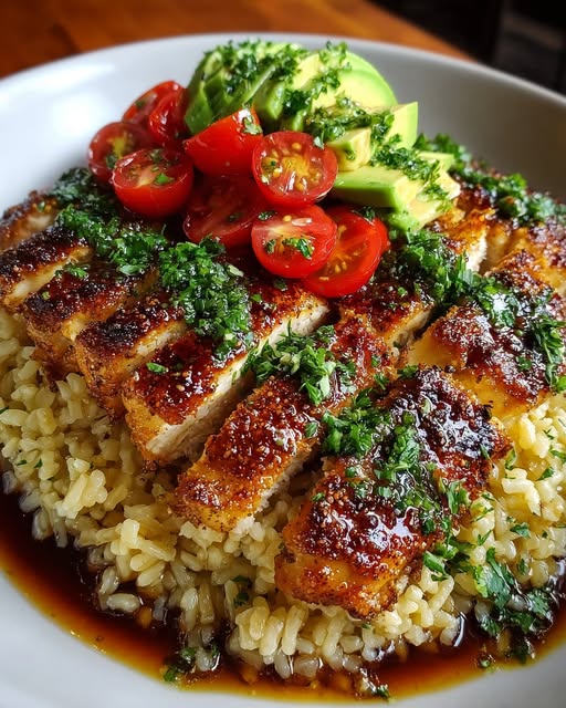 Honey Lime Chicken & Avocado Brown Rice Stack Recipe - Recipe Image
