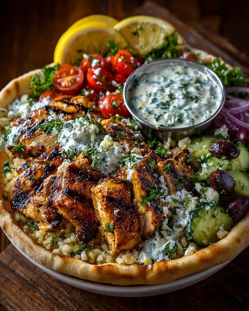 Mediterranean Chicken Pita Bowl with Lemon Feta Sauce Recipe - Recipe Image