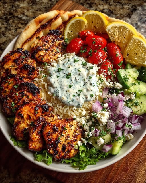 Mediterranean Chicken Pita Bowl with Garlic Feta Sauce Recipe - Recipe Image
