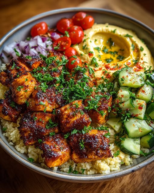 Spicy Garlic Chicken Bowl with Hummus & Cucumber Salad Recipe