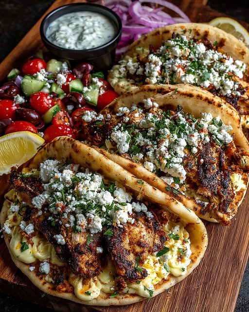 Greek Chicken Gyros with Spicy Charred Onion Feta Sauce Recipe - Recipe Image