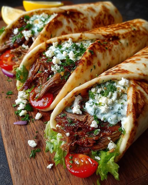 Greek Lamb Wraps with Roasted Garlic Feta Sauce Recipe