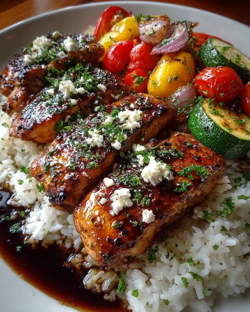 Balsamic Chicken Rice with Roasted Veggies & Feta Recipe - Recipe Image