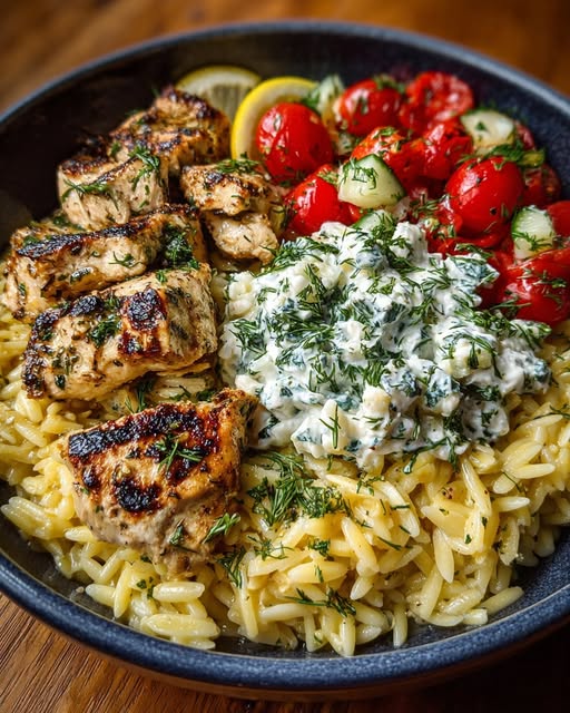 Lemon Dijon Chicken Orzo Bowl with Dill Whipped Feta Recipe - Recipe Image