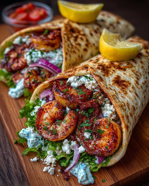 Greek Shrimp Wraps with Roasted Garlic Feta Sauce Recipe