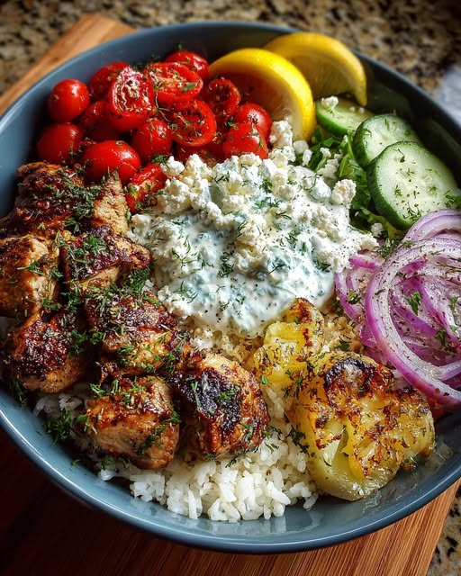 Greek Chicken Souvlaki Bowls with Creamy Feta Sauce Recipe - Recipe Image