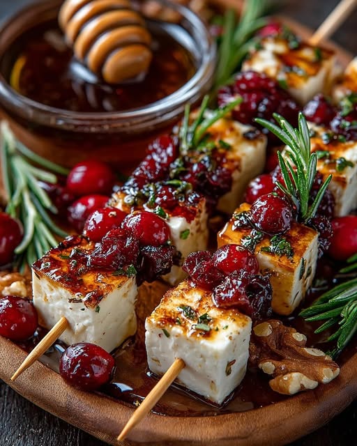 Cranberry Brie Skewers with Rosemary Honey Glaze Recipe - Recipe Image
