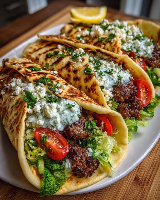 Greek Beef Wraps with Minted Feta Sauce Recipe - Recipe Image