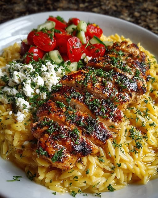 Lemon Garlic Chicken Orzo with Creamy Dill Feta Recipe - Recipe Image