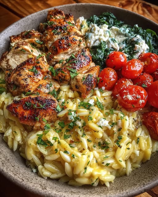 Lemon Dijon Chicken Orzo Bowl with Garlic Whipped Feta Recipe - Recipe Image